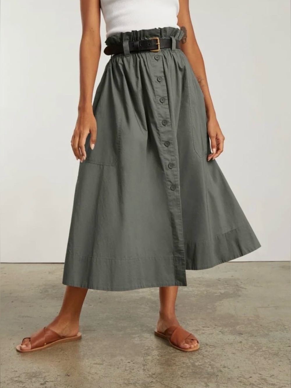 Everlane Button-Front A-Line Midi Skirt in Gray